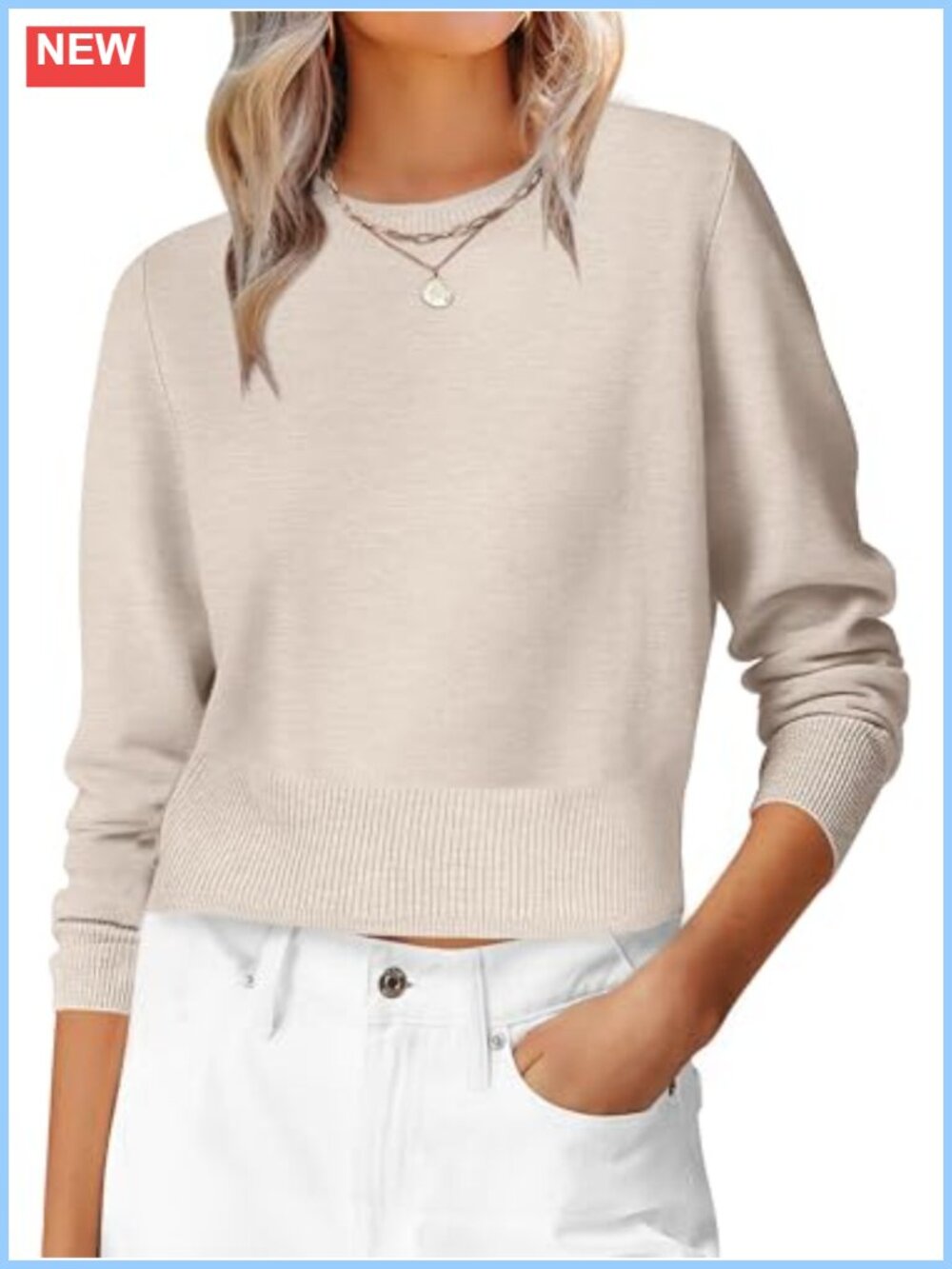 Women's Cropped Crew Neck Long Sleeve Knit Sweater Pullover Fall Layering Top